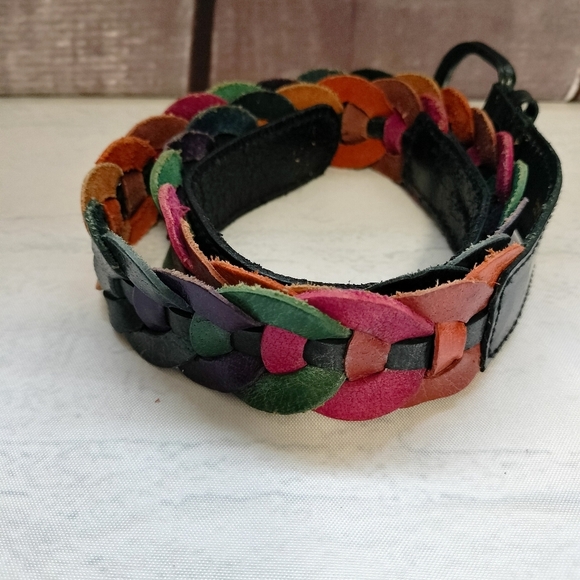 Multicolor Braided Genuine Leather Belt Black Buckle Adjustable - Picture 3 of 11
